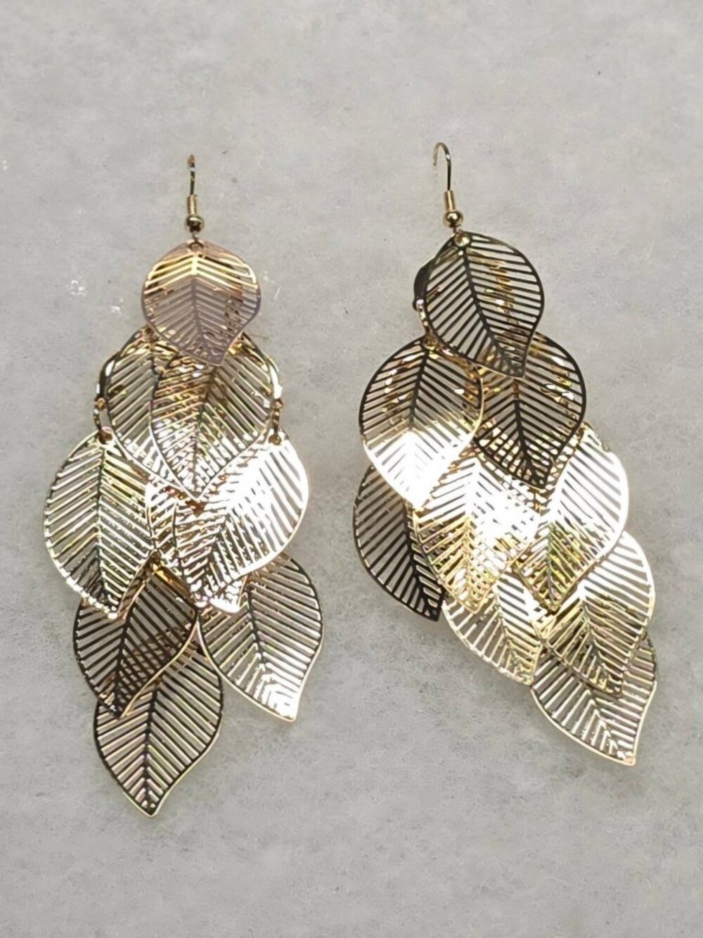 Gold-Tone Filigree Leaf Cascade Chandelier Earrings Long Dangle Statement